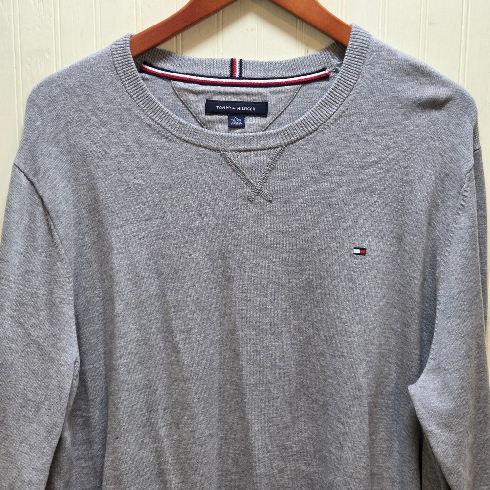Tommy Hilfiger Sweater Mens XL‎ Gray Crewneck Knit Pullover Flag Logo Casual